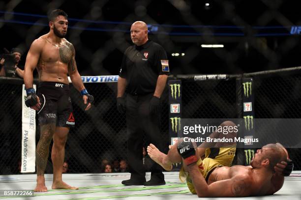 Brad Tavares stands over Thales Leites of Brazil in their middleweight bout during the UFC 216 event inside T-Mobile Arena on October 7, 2017 in Las...