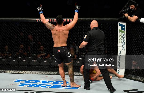 Brad Tavares reacts after the conclusion of his middleweight bout against Thales Leites during the UFC 216 event inside T-Mobile Arena on October 7,...