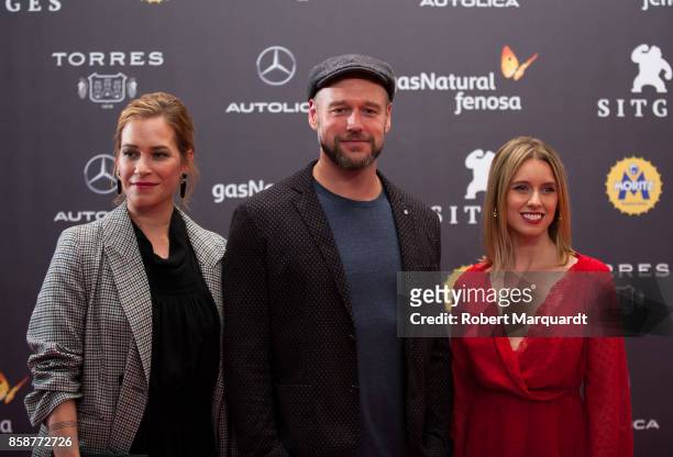 Franka Potente, Elliot Cowan and Manuela Velles pose on the red carpet for their latest film 'Musa' at the Hotel Melia during the Sitges Film...