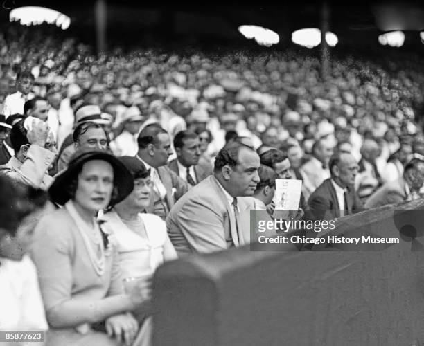 Al Capone is pictured amongst the crowd, enjoying a ballgame at White Sox game at Comiskey Park, Chicago, 1931.