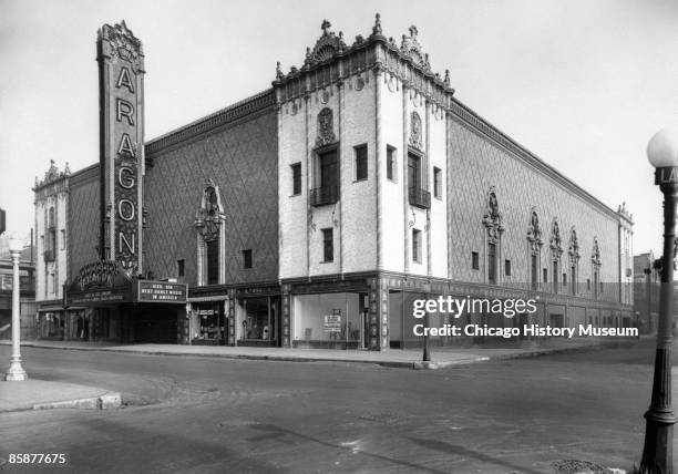 Exterior view of the Aragon Ballroom, located at 1106 W. Lawrence Avenue in Chicago's Uptown section, ca.1930s. The ballroom opened in 1926 and...