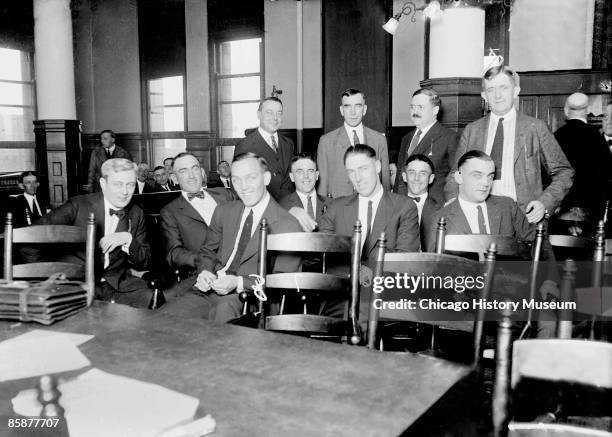 Group portrait of baseball players Chick Gandil, Williams, Williams, Charlie Risberg, Eddie Cicotte, George "Buck" Weaver, and Joe Jackson, of the...