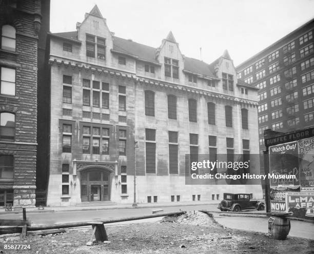 Exterior view of the Cook County Jail, where murder suspects Leopold and Loeb were held during the trial, Chicago, ca.1920s.