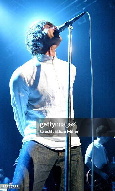 Oasis singer Liam Gallagher performs at The Joint inside the Hard Rock Hotel & Casino April 26, 2002 in Las Vegas, Nevada. The British band's fifth...