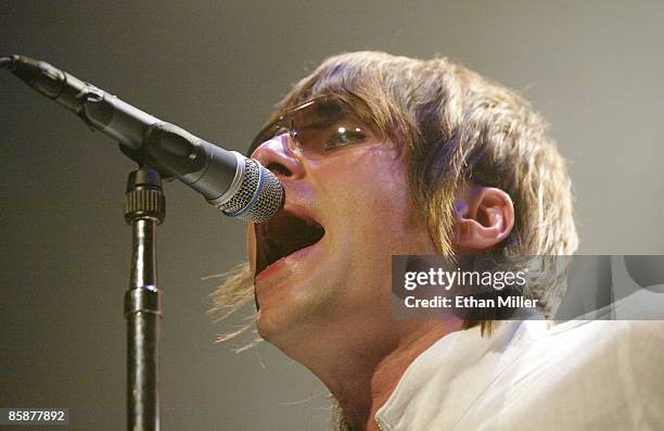 Oasis singer Liam Gallagher performs at The Joint inside the Hard Rock Hotel & Casino April 26, 2002 in Las Vegas, Nevada. The British band's fifth...