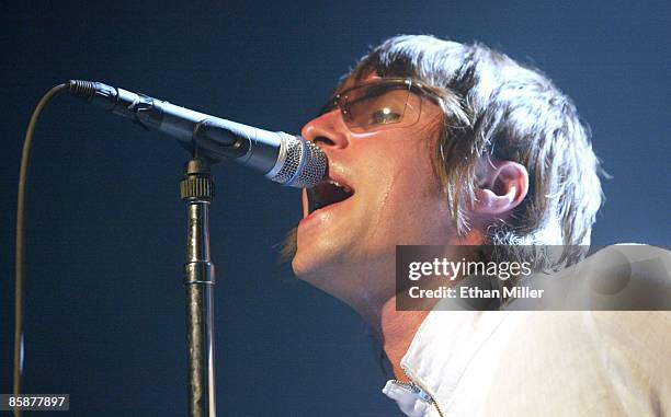 Oasis singer Liam Gallagher performs at The Joint inside the Hard Rock Hotel & Casino April 26, 2002 in Las Vegas, Nevada. The British band's fifth...