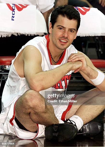 Singer Jordan Knight waits on the sideline during the celebrity basketball game at 'N Sync's "Challenge for the Children III" charity event at the...