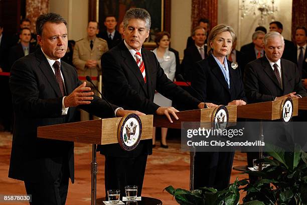 Australian Defense Minister Joel Fitzgibbon answers a reporter's question during a news conference with Australian Foreign Minister Stephen Smith,...