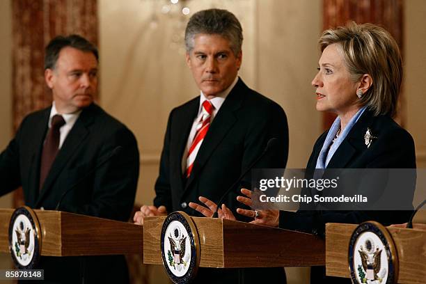 Secretary of State Hillary Clinton answers a reporter's question during a news conference with Australian Defense Minister Joel Fitzgibbon and...