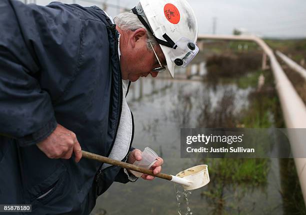 Contra Costa County Mosquito and Vector Control District technician Joe Hummel looks for mosquito larvae in a marsh April 9, 2009 in Concord,...