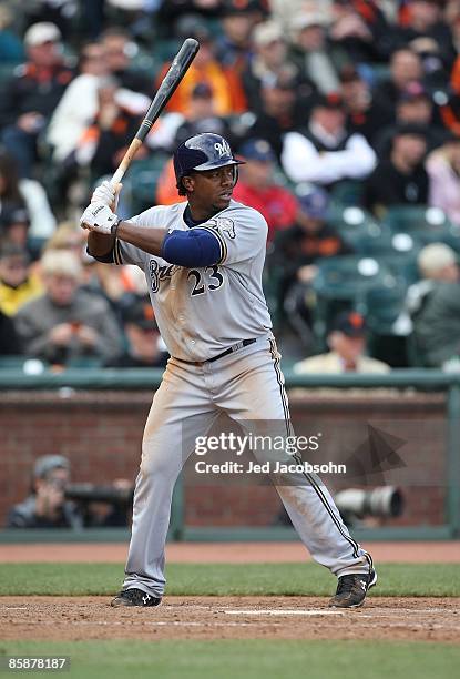 Rickie Weeks of the Milwaukee Brewers bats against the San Francisco Giants during Opening Day of the Major League Baseball season on April 7, 2009...