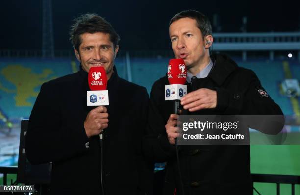 Bixente Lizarazu and Gregoire Margotton of TF1 commentate the FIFA 2018 World Cup Qualifier between Bulgaria and France at Vasil Levski National...