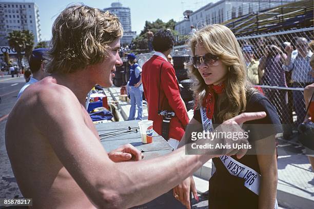 James Hunt and Race Queen at the first United States Grand Prix West held on March 28, 1976 in Long Beach, California.