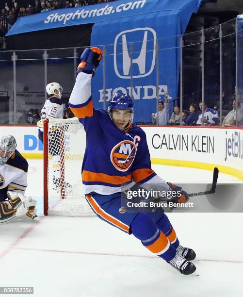 John Tavares of the New York Islanders scores a shorthanded goal at 5:13 of the second period against the Buffalo Sabres at the Barclays Center on...