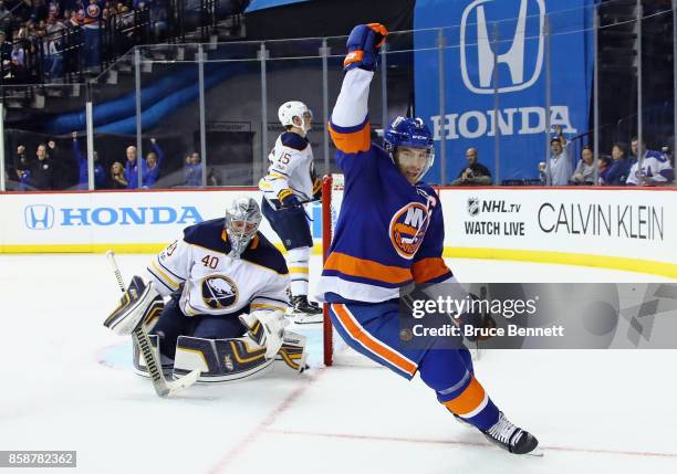 John Tavares of the New York Islanders scores a shorthanded goal at 5:13 of the second period against the Buffalo Sabres at the Barclays Center on...