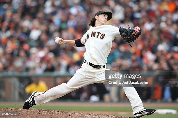 Tim Lincecum of the San Francisco Giants pitches against the Milwaukee Brewers during Opening Day of the Major League Baseball season on April 7,...