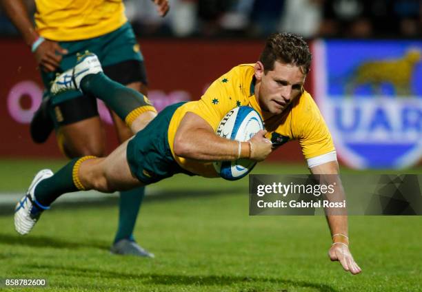 Bernard Foley of Australia scores a try during The Rugby Championship match between Argentina and Australia at Malvinas Argentinas Stadium on October...