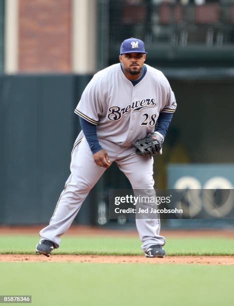 Prince Fielder of the Milwaukee Brewers waits in the field against the San Francisco Giants during Opening Day of the Major League Baseball season on...