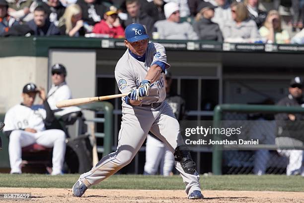 Billy Butler of the Kansas City Royals swings at the pitch against the Chicago White Sox during the Opening Day game on April 7, 2009 at U.S....