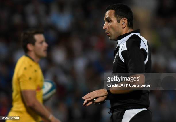 Francia's referee Mathieu Raynal estures during the Rugby Championship 2017 test match at Malvinas Argentinas stadium in Mendoza, some 1050 km west...