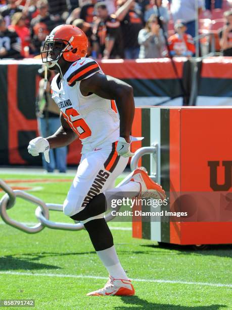 Tight end Randall Telfer of the Cleveland Browns runs onto the field as the team is introduced to the crowd prior to a game on October 1, 2017...