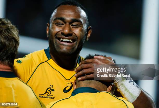 Will Genia of Australia and teammates celebrate a try during The Rugby Championship match between Argentina and Australia at Malvinas Argentinas...