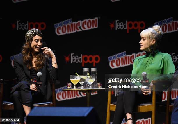 Stella Maeve and Olivia Taylor Dudley speak at The Magicians Panel during 2017 New York Comic Con - Day 3 on October 7, 2017 in New York City.