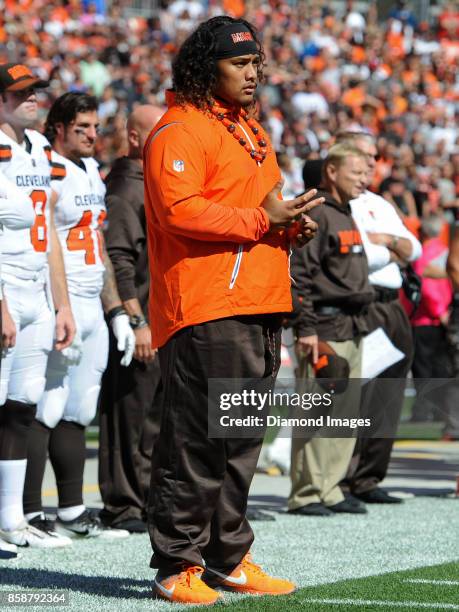 Defensive tackle Danny Shelton of the Cleveland Browns stands on the sideline prior to a game on October 1, 2017 against the Cincinnati Bengals at...