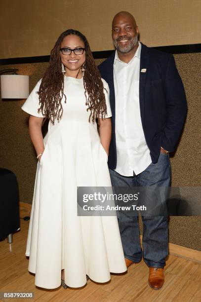 Ava DuVernay and Jelani Cobb pose backstage during the 2017 New Yorker Festival at SIR Stage37 on October 7, 2017 in New York City.