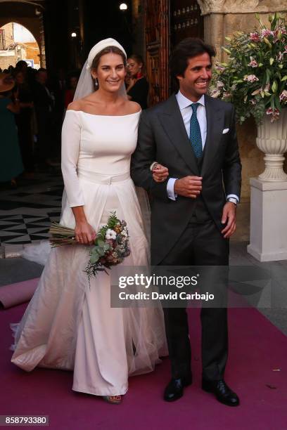 Sibi Montes and Alvaro Sanchis look on during their Wedding at Parroquia Santa Ana on October 7, 2017 in Seville, Spain.