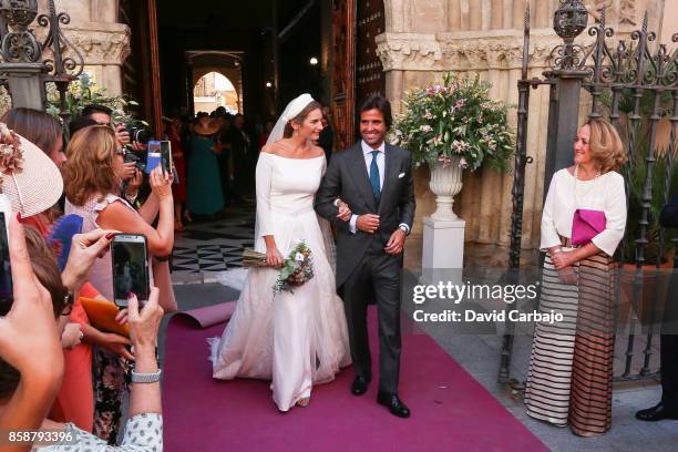 Sibi Montes and Alvaro Sanchis look on during their Wedding at Parroquia Santa Ana on October 7, 2017 in Seville, Spain.