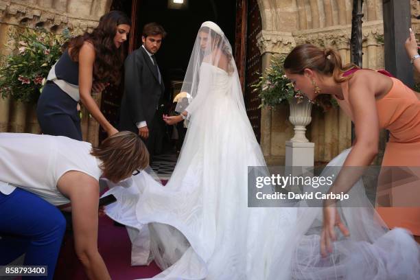 Sibi Montes looks on during wedding whit Alvaro Sanchis at Parroquia Santa Ana on October 7, 2017 in Seville, Spain.