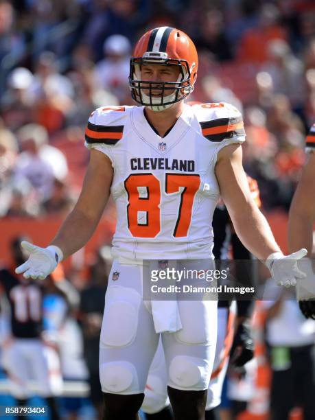 Tight end Seth Devalve of the Cleveland Browns reacts to a penalty in the first quarter of a game on October 1, 2017 against the Cincinnati Bengals...