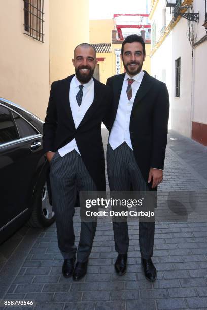 Marcos Soto and Jaime Soto looks on during Sibi Montes And Alvaro Sanchis Wedding at Parroquia Santa Ana on October 7, 2017 in Seville, Spain.