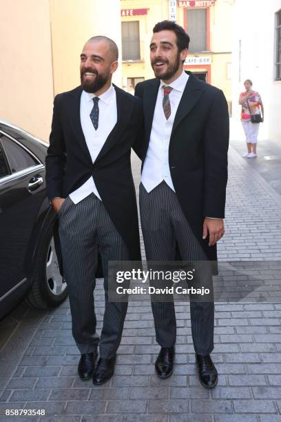 Marcos Soto and Jaime Soto looks on during Sibi Montes And Alvaro Sanchis Wedding at Parroquia Santa Ana on October 7, 2017 in Seville, Spain.