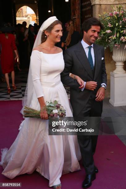 Sibi Montes and Alvaro Sanchis look on during their Wedding at Parroquia Santa Ana on October 7, 2017 in Seville, Spain.