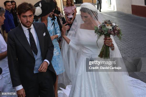 Sibi Montes looks on during wedding whit Alvaro Sanchis at Parroquia Santa Ana on October 7, 2017 in Seville, Spain.