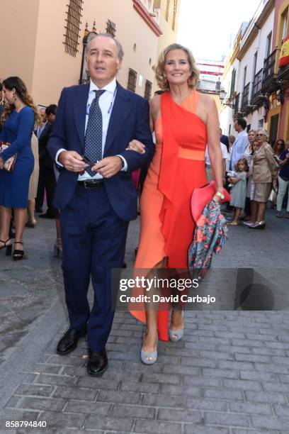 Jose Manuel Soto and Pilar Parejo looks on during Sibi Montes And Alvaro Sanchis Wedding at Parroquia Santa Ana on October 7, 2017 in Seville, Spain.