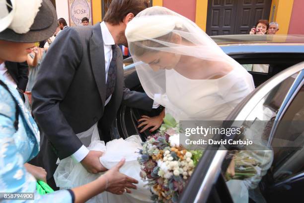 Lourdes Parejo and his husband looks on during Sibi Montes And Alvaro Sanchis Wedding at Parroquia Santa Ana on October 7, 2017 in Seville, Spain.