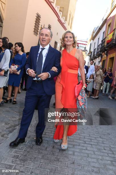 Jose Manuel Soto and Pilar Parejo looks on during Sibi Montes And Alvaro Sanchis Wedding at Parroquia Santa Ana on October 7, 2017 in Seville, Spain.