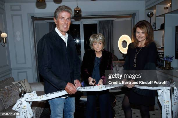 Dominique Desseigne, Danielle Thomson and Samantha Marshall attend "Suite Michele Morgan Opening" at Hotel Majestic Barriere on October 7, 2017 in...