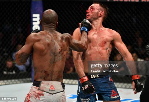 Bobby Green punches Lando Vannata in their lightweight bout during the UFC 216 event inside T-Mobile Arena on October 7, 2017 in Las Vegas, Nevada.