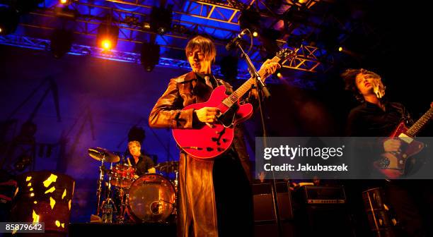 Singer and guitarist Bjoern Dixgard and Gustaf Erik Noren of the Swedish Rock band Mando Diao perform live during a concert at the Columbiahalle on...