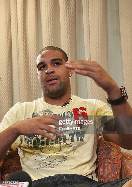 Brazilian footballer Adriano of the Internazionale de Milano speaks during a press conference April 9, 2009 in Barra da Tijuca, western Rio de...