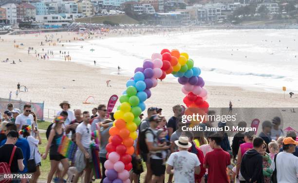 Hundreds of Sydneysiders take part in the Rainbow Walk between Bondi Beach and Bronte Beach on October 8, 2017 in Sydney, Australia. Australians are...