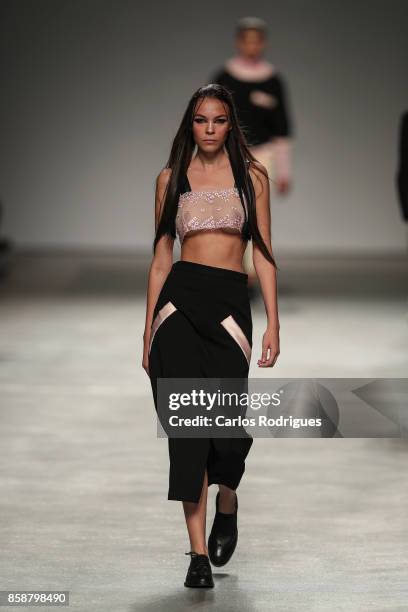 Model runs the catwalk during Dino Alves fashion show during Lisboa Fashion Week 'ModaLisboa' 2017 on October 7, 2017 in Lisboa CDP, Portugal.