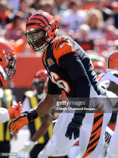 Defensive end Carlos Dunlap of the Cincinnati Bengals rushes the line of scrimmage in the second quarter of a game on October 1, 2017 against the...