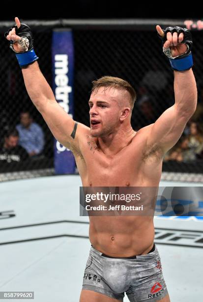 Cody Stamann reacts after the conclusion of his bantamweight bout against Tom Duquesnoy during the UFC 216 event inside T-Mobile Arena on October 7,...