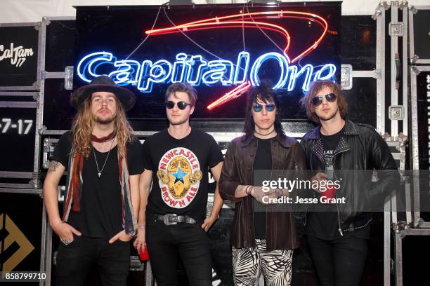 Adam Slack, Jed Elliott, Luke Spiller, and Gethin Davies of The Struts at the Capital One Cardholder Lounge during Cal Jam 17 at Glen Helen Regional...