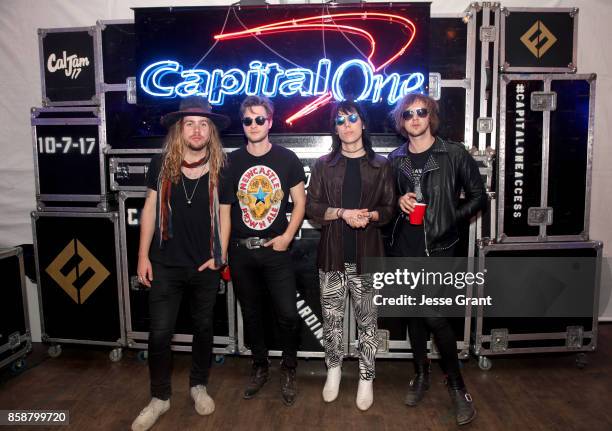 Adam Slack, Jed Elliott, Luke Spiller, and Gethin Davies of The Struts at the Capital One Cardholder Lounge during Cal Jam 17 at Glen Helen Regional...